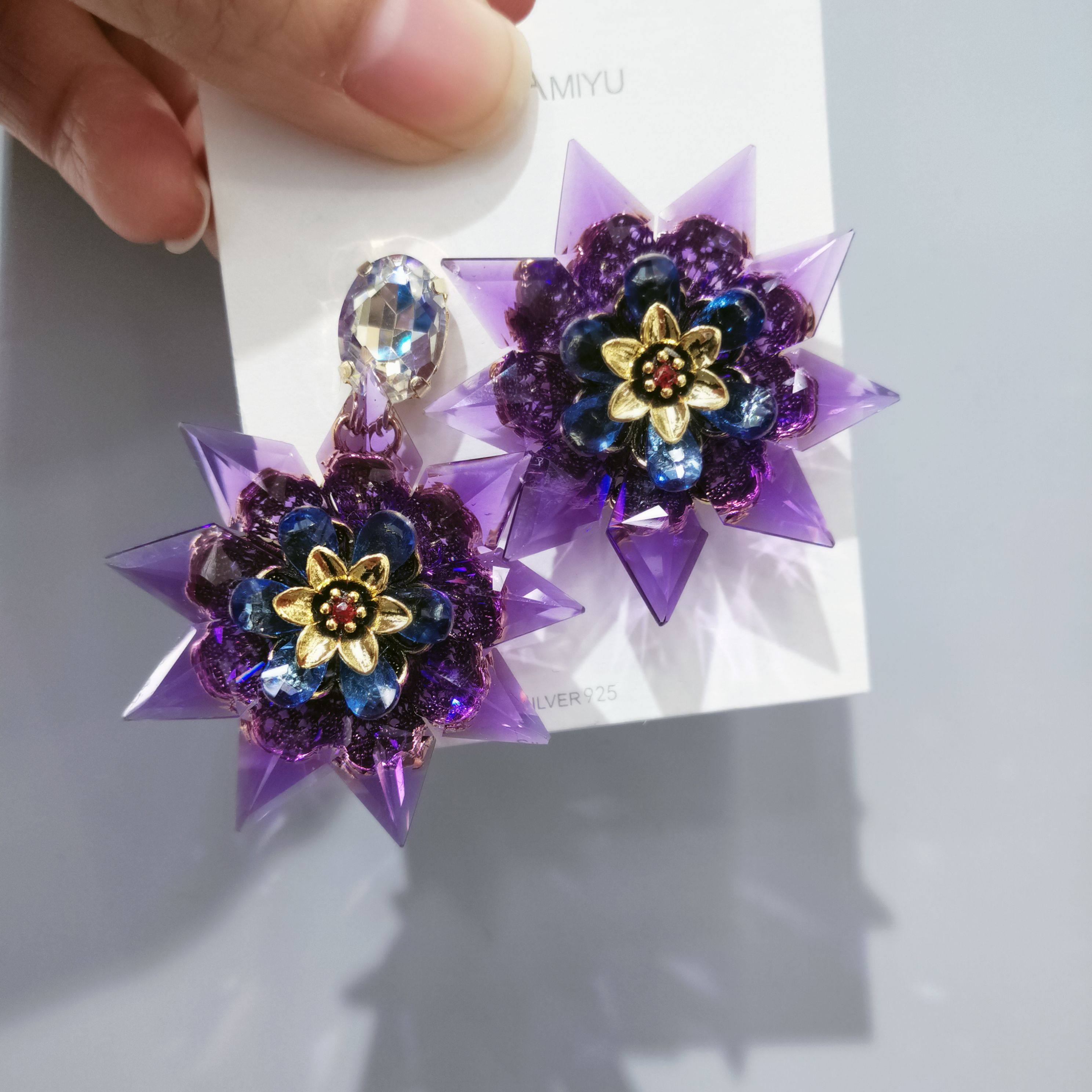原创紫色水晶花朵耳环女特色925银针耳钉女镶嵌宝石耳饰花卉耳夹
