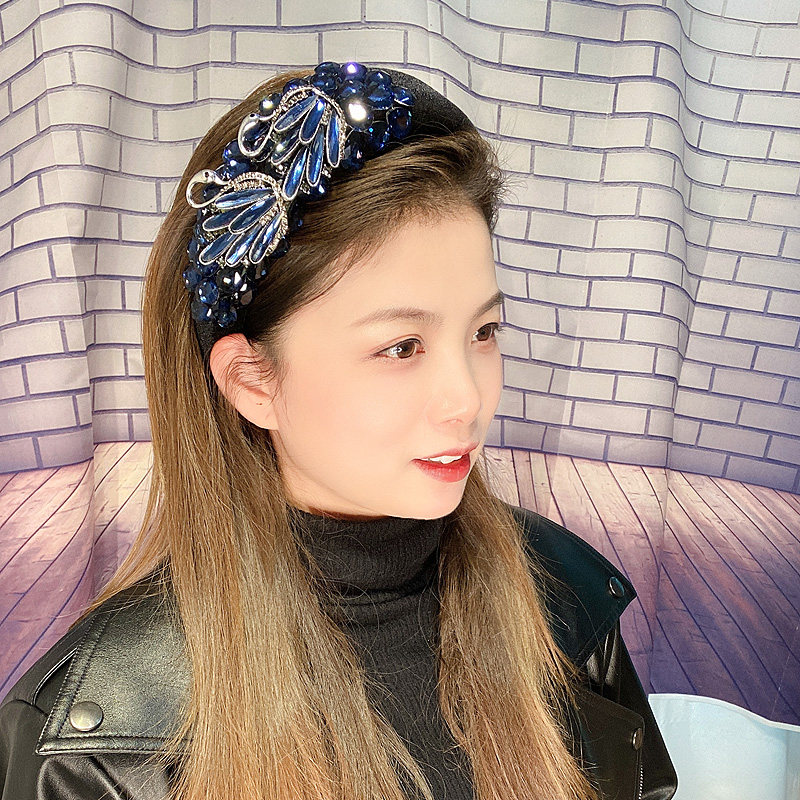 复古墨蓝色水晶天鹅发箍女高级感镶钻发卡海绵加厚高颅宝石头箍
