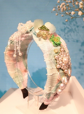 复古蓝色镶钻流苏打结发箍女气质珍珠花朵发卡宽边宝石头箍宫廷