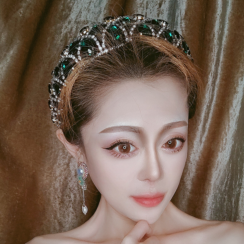 复古绿色椭圆水晶发卡发箍高级感