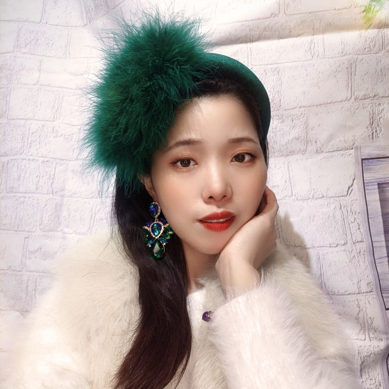 原创绿色侧边羽毛发箍女高颅顶黑色毛毛发卡女宽边带齿头箍女复古