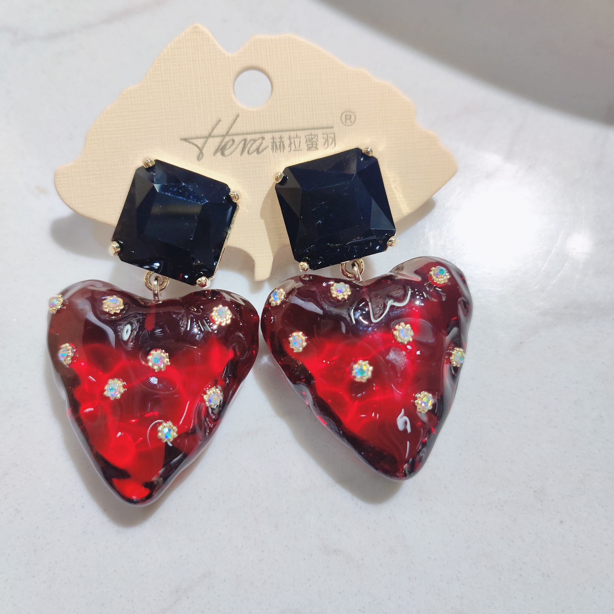 夸张甜美i耳饰酒红色爱心耳环女高级感925银针耳钉大桃心耳夹ns风