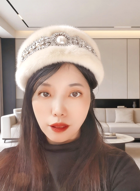 秋冬新款白色仿水貂毛发箍重工水晶发卡名媛镶钻毛毛头箍带齿发饰