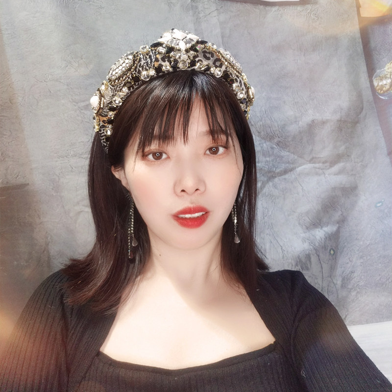 复古豹纹镶钻发箍女宽边发卡水晶