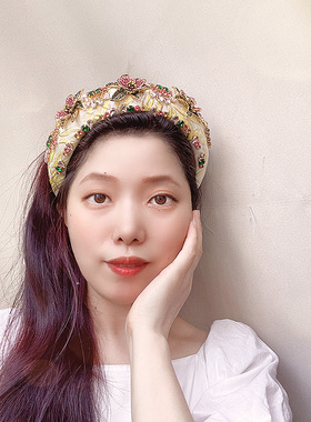 复古宫廷华丽黄色镶钻花朵发箍女宫廷发卡宽边金属彩钻头箍高颅顶
