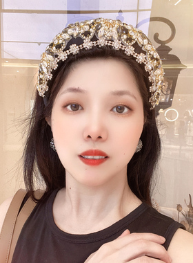 宫廷风黑色镶钻发箍女高颅顶带齿水晶发卡女宽边加高奢华水钻头箍