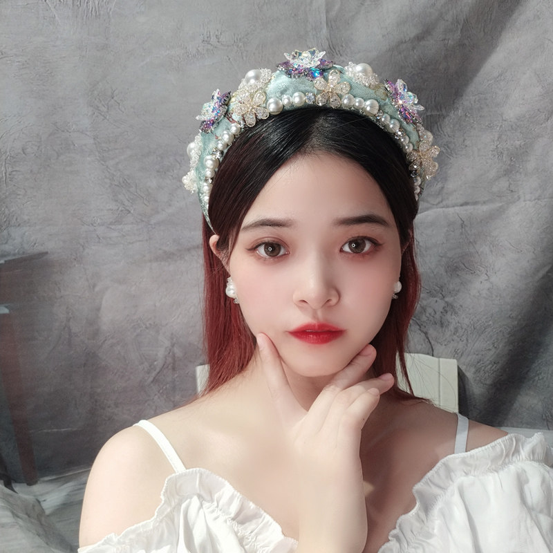巴洛克绿色水晶花朵发箍女高级感镶钻发卡女宽版宝石镶嵌头箍带齿