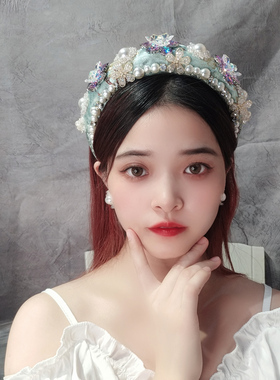 巴洛克绿色水晶花朵发箍女高级感镶钻发卡女宽版宝石镶嵌头箍带齿