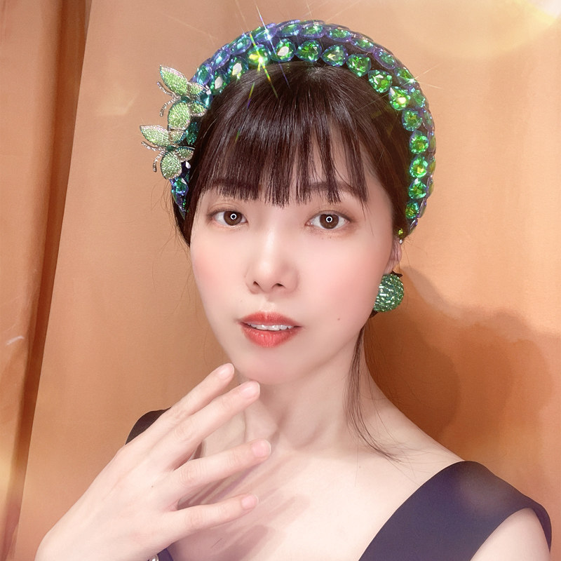 复古绿色水晶蝴蝶发箍女高颅顶镶钻发卡女宽边带齿镶嵌水钻头箍女