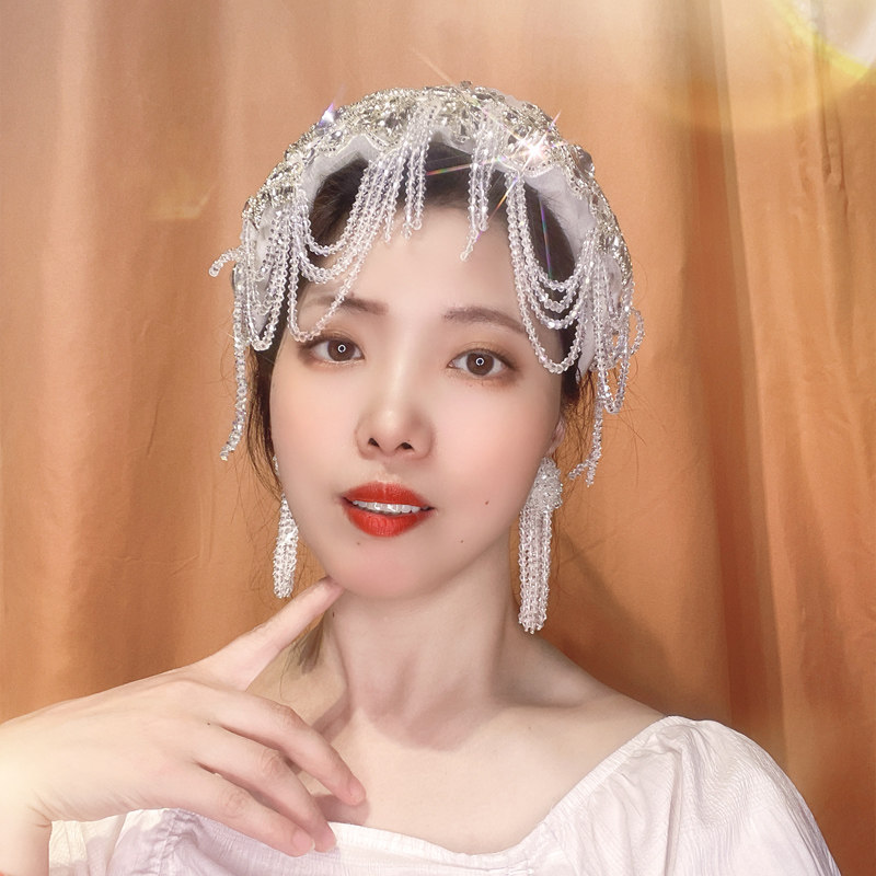 原创镶嵌透明水晶流苏发箍女宽边压发镶钻发卡女带齿仙美网纱头箍