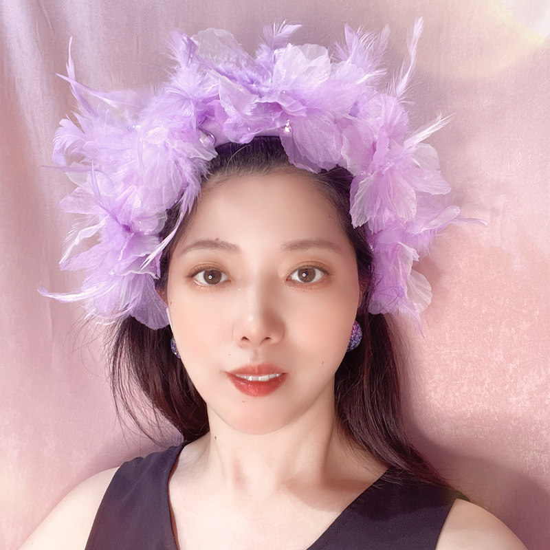 原创发饰紫色羽毛发箍女高颅顶镶钻蕾丝花朵发卡带齿宽边花卉头箍
