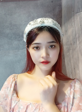 原创新品白色水晶花发箍女高级感镶嵌水钻发卡薄海绵网纱头箍法式