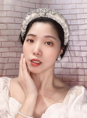 复古发饰白色手缝水晶发箍女高颅顶镶嵌水钻发卡女宽边加高头箍女
