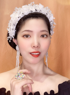 新中式白色水晶发箍女高颅顶不规则镶钻串珠发卡女宽边手工头箍