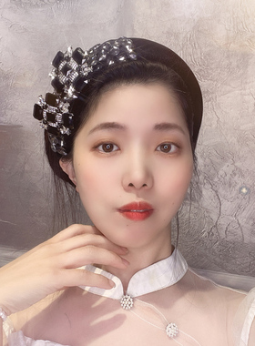 原创设计黑色方形镶钻发箍女高颅顶带齿水晶发箍宽边水钻加高头箍