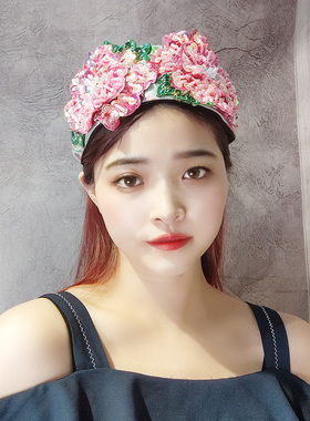 宫廷发饰玫粉色圆片发箍女宽边压发复古紫色镶钻发卡高级串珠头箍