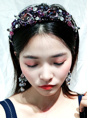 复古发饰手缝深紫色水晶发箍女带齿防滑串珠发卡女巴洛克头箍F217