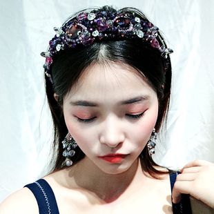 復古發飾手縫深紫色水晶發箍女帶齒防滑串珠發卡女巴洛克頭箍F217