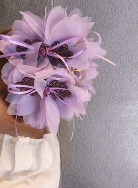 原创新款紫色飘带花朵抓夹女鲨鱼齿夹子发抓镶钻盘发器后脑勺夹