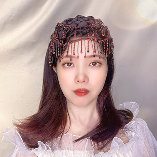 国风发饰酒红色水钻流苏发箍女高级感镶钻发卡宽边编发头箍带齿