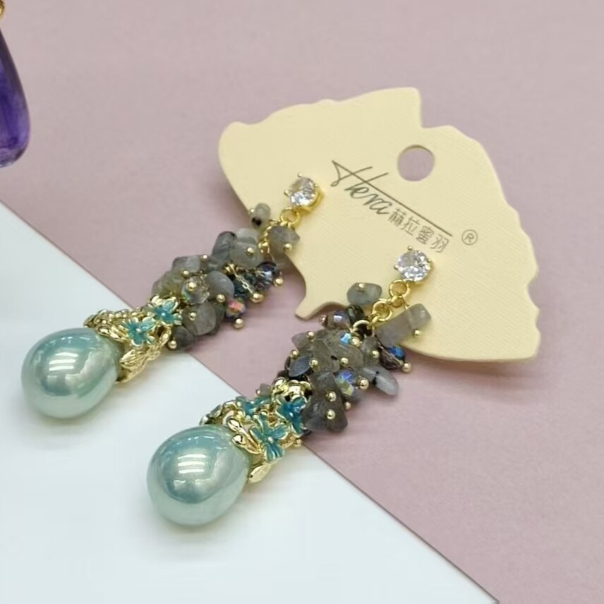 赫拉密羽耳饰手工款绿松石耳环女长款流苏耳坠925银针耳钉民族风