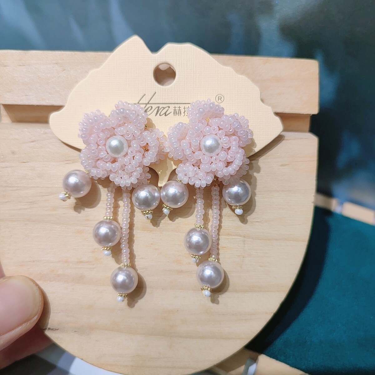 小众高级感粉色珍珠流苏耳钉银针