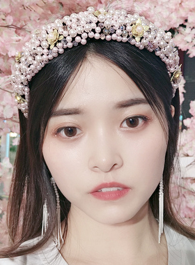 原创发卡女夏季粉色水晶珍珠发箍仙女手缝串珠头箍女加厚压发F162