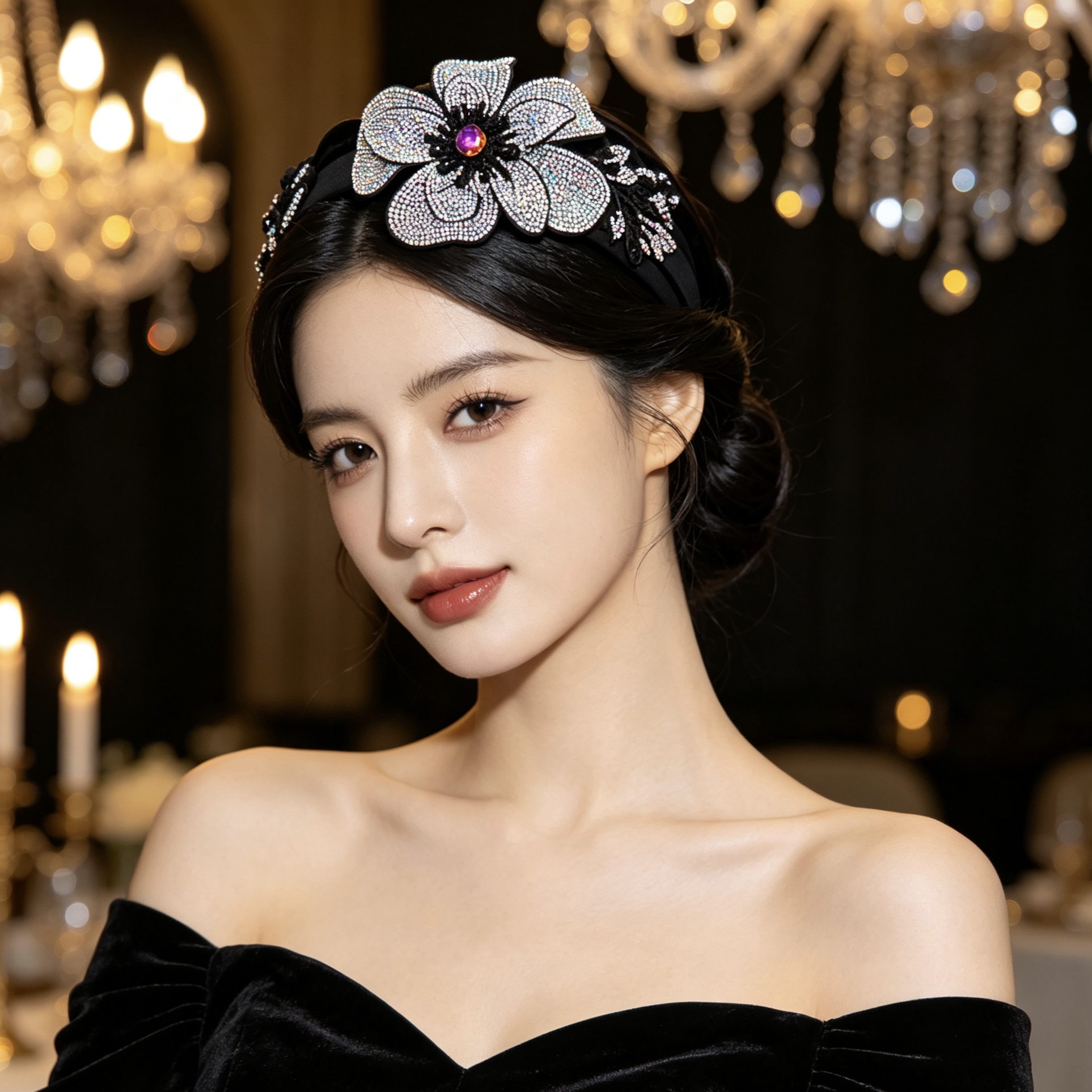 黑色编织大花朵水钻发箍女重工宽边头箍轻奢宴会显脸小发卡压发