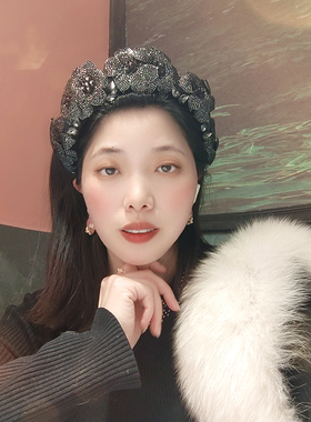 原创发饰黑色双花水钻发箍女高颅顶镶钻发卡女带齿防滑头箍女复古