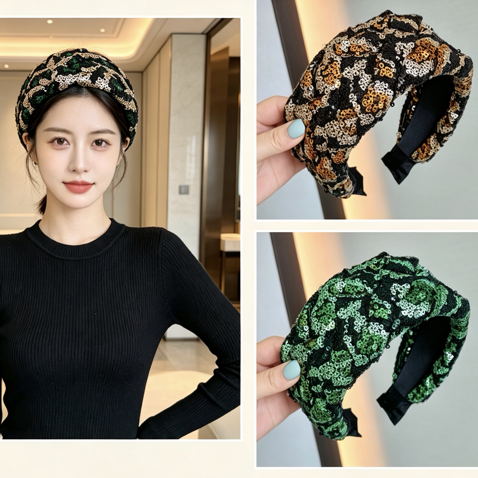 复古绿色亮片豹纹编发发箍女气质发卡遮白发头箍带齿防滑压发发捆