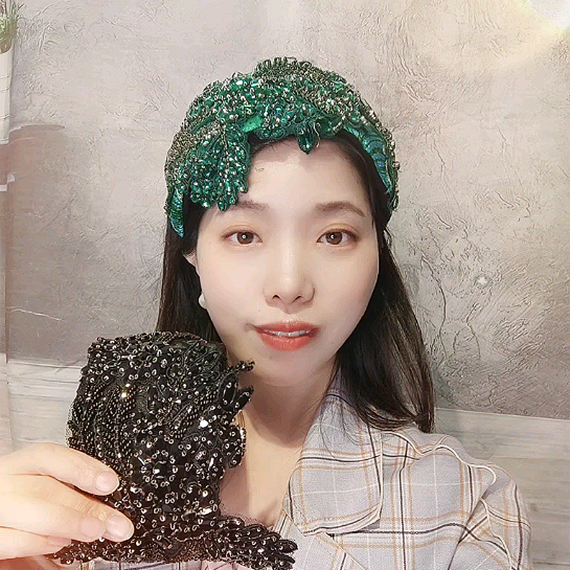 复古刺绣绿色水晶宽边发箍发卡