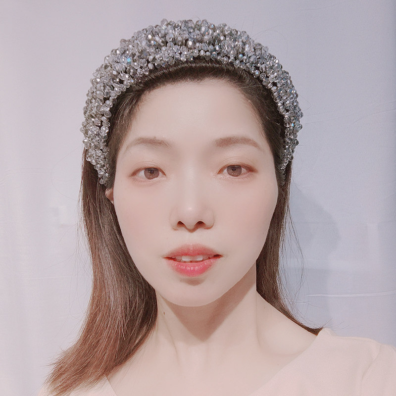 原创手缝灰色水晶发箍女宽边压发头箍气质发卡女网红饰品镶钻头饰