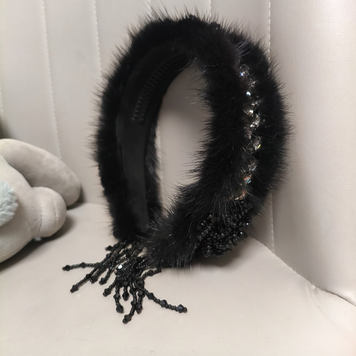 秋冬新品黑色镶钻水貂毛发箍复古水晶流苏头箍高颅顶宽边带齿发卡