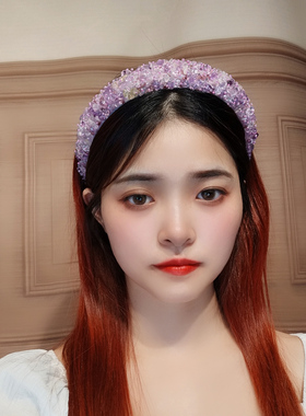 原创设计浅紫色水晶发箍女高级感手缝水晶发卡女高颅顶镶钻头箍女