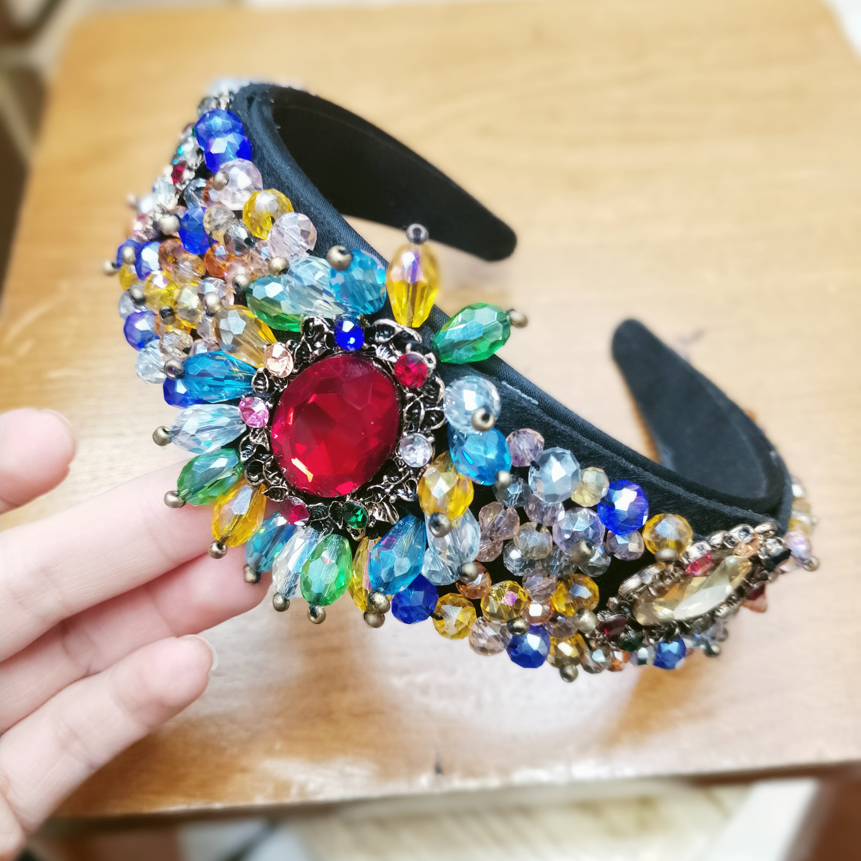 复古彩色水晶花发箍女宽边压发宫廷风宝石发卡高级镶钻头箍欧美