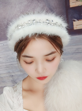 独特发饰白色水貂毛发箍女宽边压发毛毛水晶发卡高级感宝石头箍女