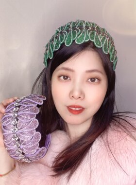 原创高端绿色闪钻珊瑚花朵发箍带齿水钻发卡宽版压发头箍外出发饰