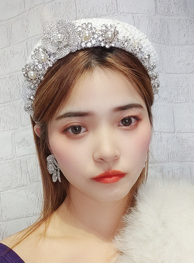 原创设计白色水钻玫瑰花朵发箍女海绵加厚发卡宽边山茶花头箍高级