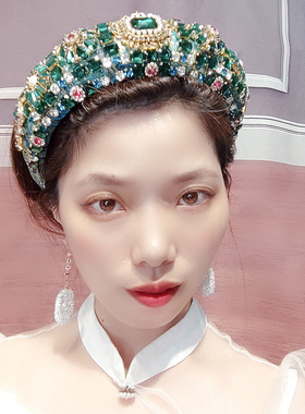巴洛克发饰绿色水晶发箍女海棉加厚头箍女宫廷镶嵌发卡女宽边压发