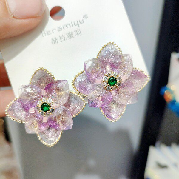 甜美紫色花朵耳钉925银针水晶