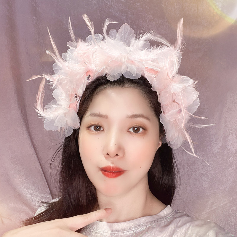 森系粉色羽毛蕾丝花发箍女高颅顶花卉发卡女宽边带齿水晶头箍仙女