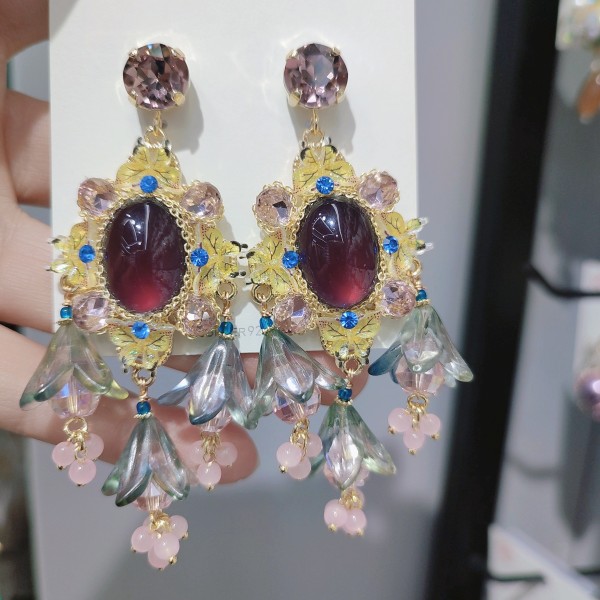轻奢紫黄仙花卉耳环女2023新品耳饰925银针耳钉镶嵌耳饰品耳夹