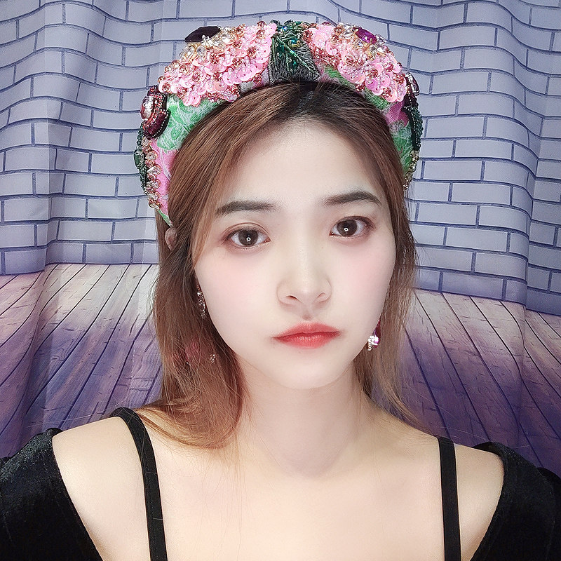 宫廷风粉色镶钻发箍女高颅顶提花水晶发卡宽版外出头箍带齿复古