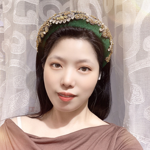 复古墨绿色镶钻发箍女高颅顶带齿发卡宫廷风宽边水晶头箍女发饰