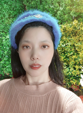 原创新品蓝色镶钻水貂毛发箍女复古水晶毛毛发卡宽边宫廷头箍带齿