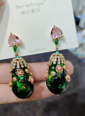 轻奢碧绿色花朵耳环女高级感镶钻镀金耳钉女925银针耳饰镶嵌耳夹