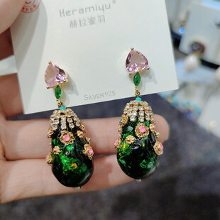 轻奢碧绿色花朵耳环女高级感镶钻镀金耳钉女925银针耳饰镶嵌耳夹