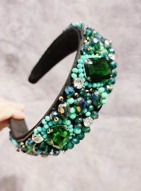原创新品手缝绿色水晶发箍女高级感镶钻发卡宽边压发椭圆宝石头箍
