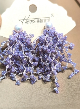 赫拉紫色通体纯银缠绕米珠耳环女高端珍珠耳钉925气质耳饰贵气