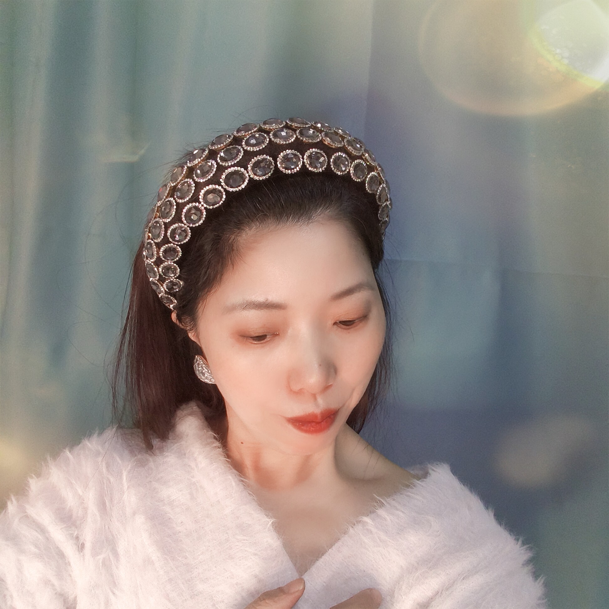 原创发饰灰色椭圆水晶发箍女高颅顶人工宝石头箍带齿海绵镶钻发卡